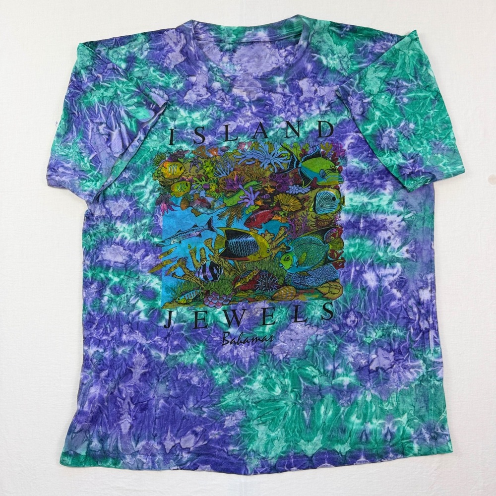 Island Jewels Bahamas T Shirt Fits Large Purple Green Tie Dye Fish Coral Reef